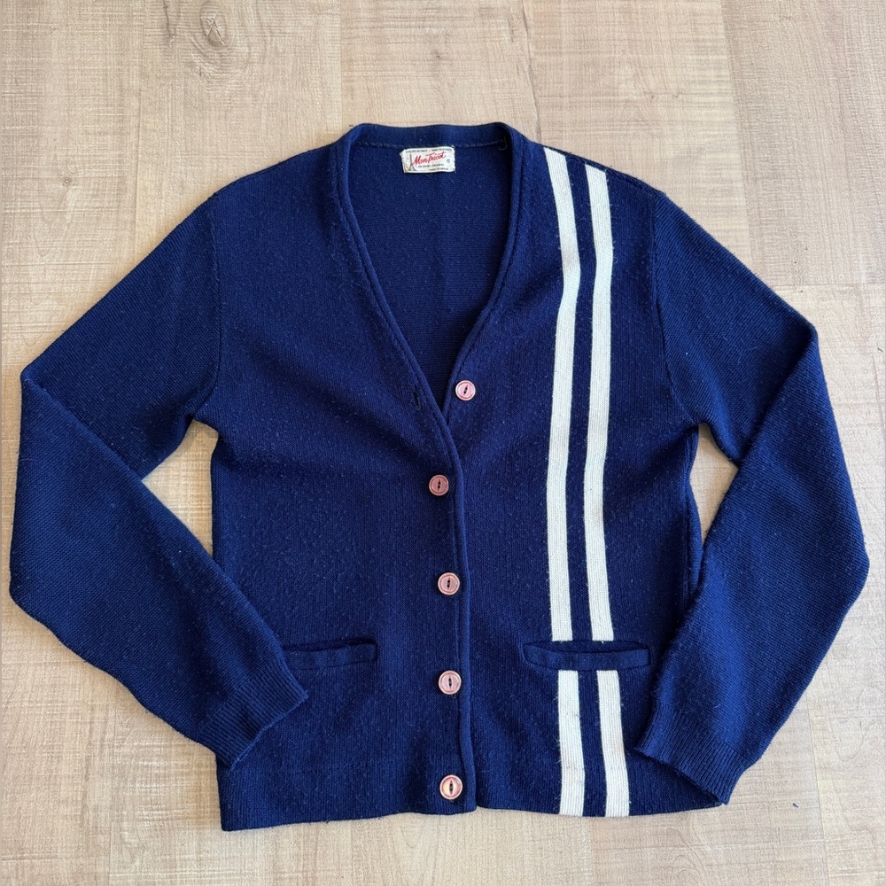 Vintage 1950s–1960s Mon Tricot Navy Varsity Cardigan with Racing Stripes